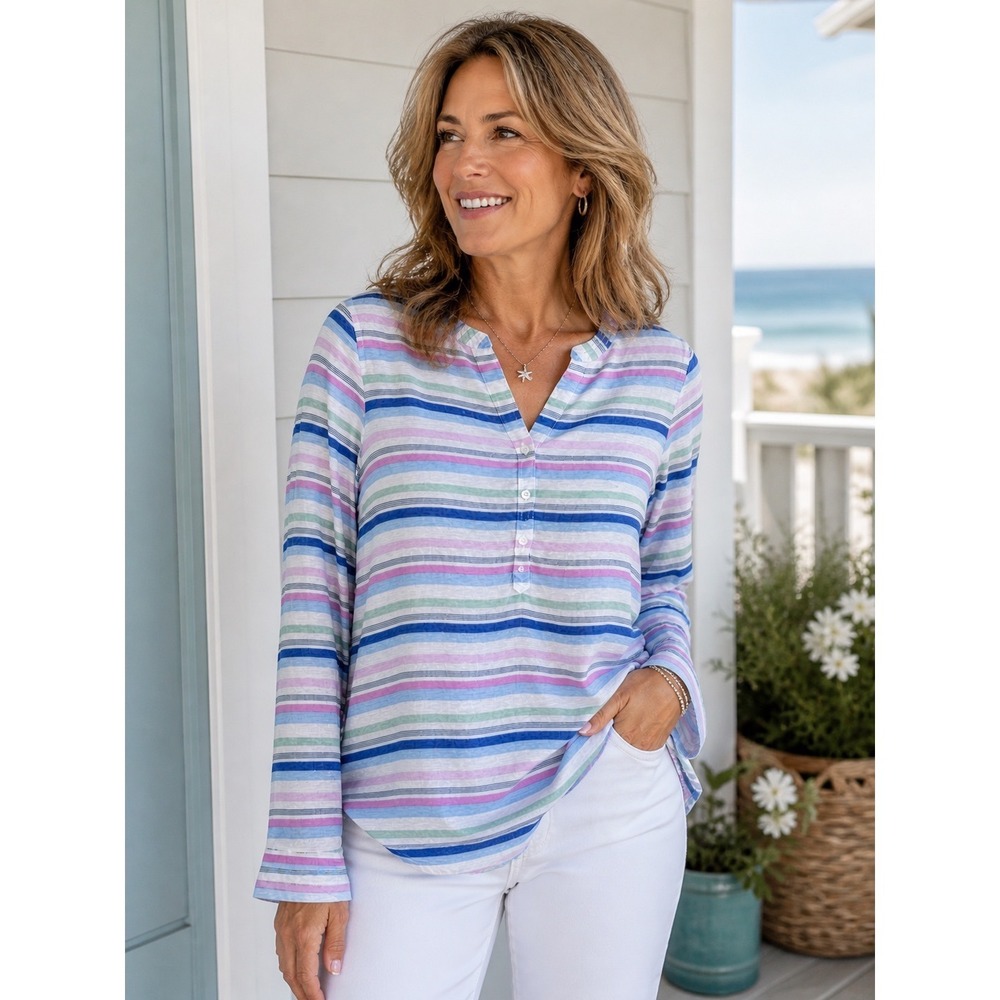 Talbots Linen Striped Split Neck Tunic Henly Blue Pink Size XS Coastal